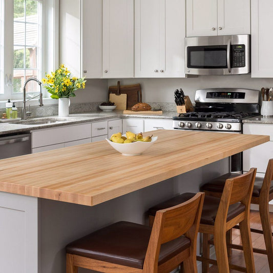 One of our finished Maple butcher block countertops installed as a kitchen island. 